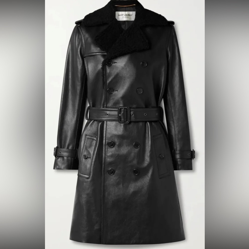 Saint Laurent leather coat with shearling collar. Brand new / pristine condition
